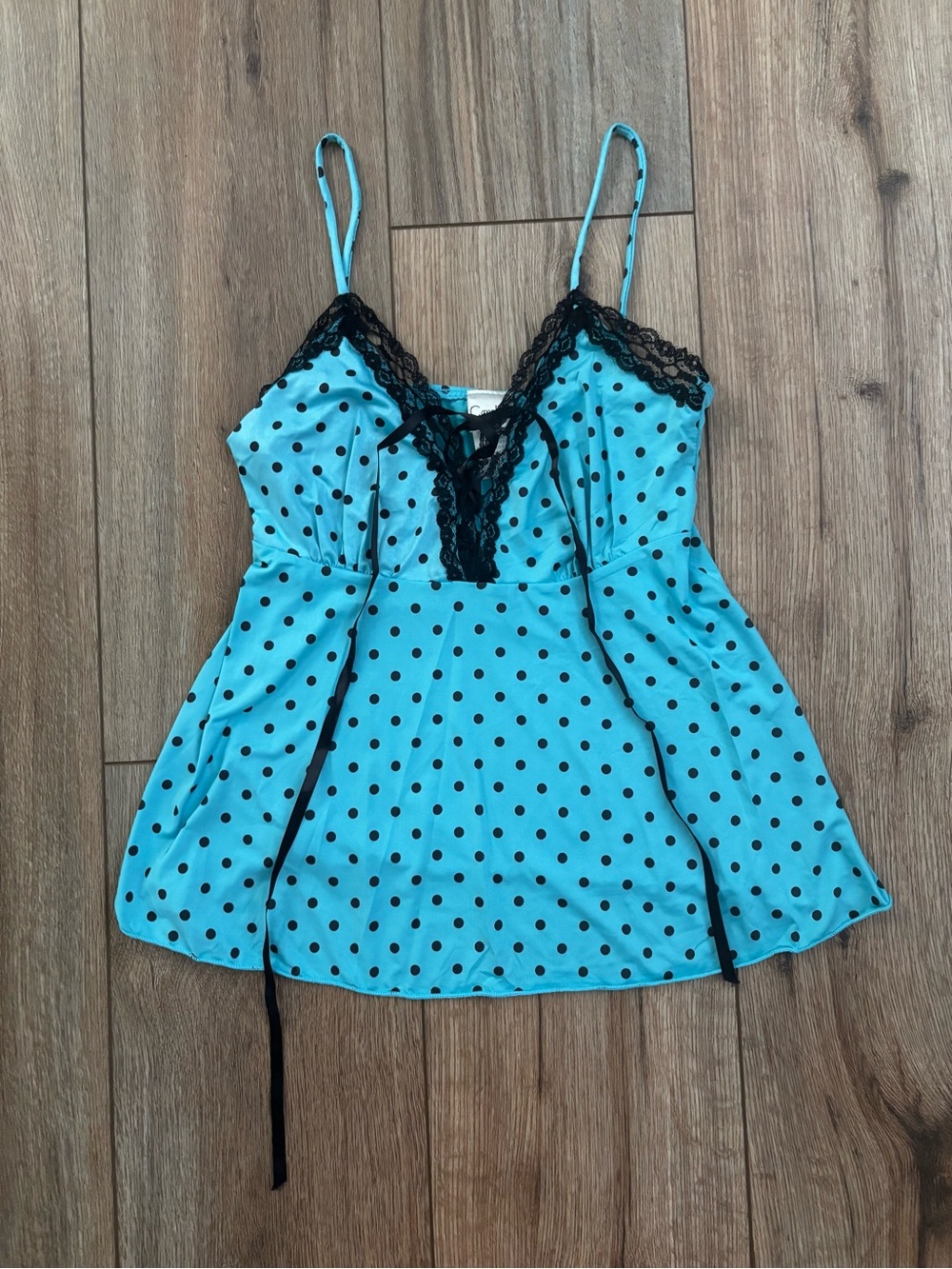 Vintage Y2K Polka Dot Blue & Black Cami Top with Lace Ribbon Bow by Carolina USA